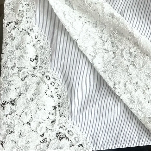 SANDRO | 🤍 White Lace Mock Neck Blouse w/ Thin Pinstripe Panel | Size 1 (Small) - Picture 9 of 16